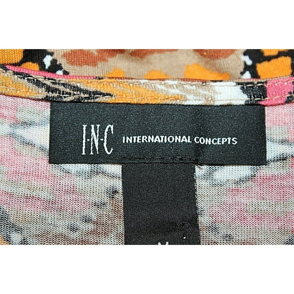 INC Sz M Coral Orange Black Multi 2.5-3" Fringe Hem 100% Rayon Top - Picture 6 of 6